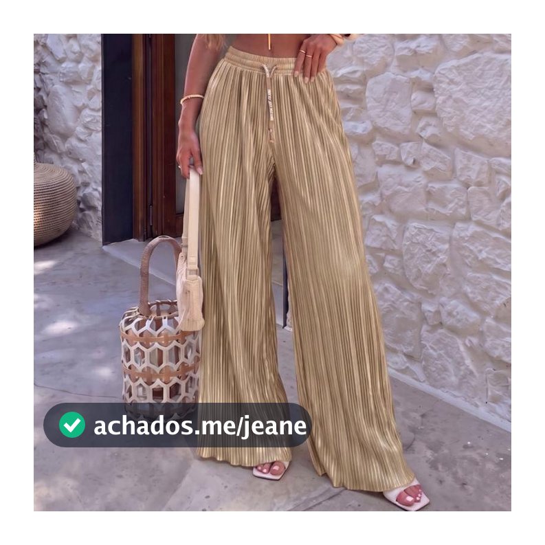 Calça Pantalona Wide Leg Plissada Feminina Cintura Alta Brilho Larga Elegante