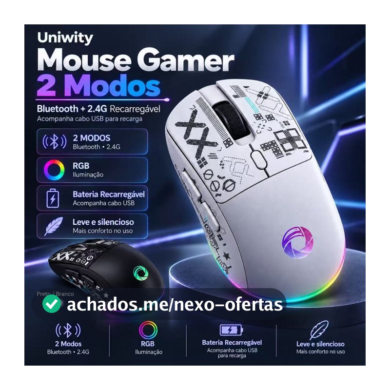 Uniwity Mouse Gamer Sem Fio Bluetooth 2.4G RGB Recarregável 1600 DPI Estampado Silencioso para PC Notebook
