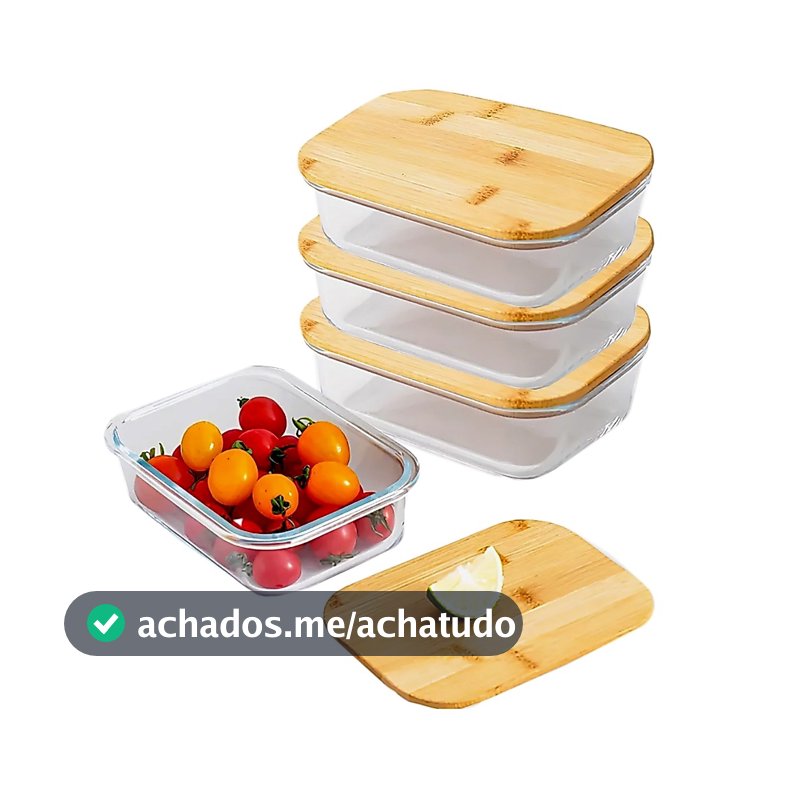 Pote Hermético Vidro 660ml- Kit 4 Peças Tampa Bambu- Marmita