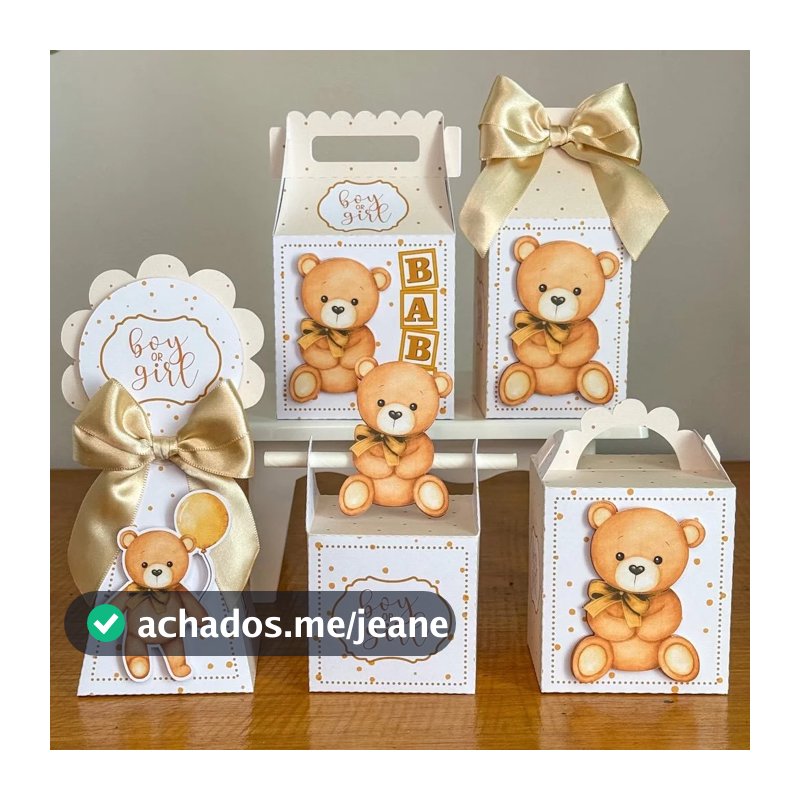 Kit Lembrancinha Chá de Bebê ou Chá Revelação  Ursinho Dourado Neutro • Personalizado com Brinde