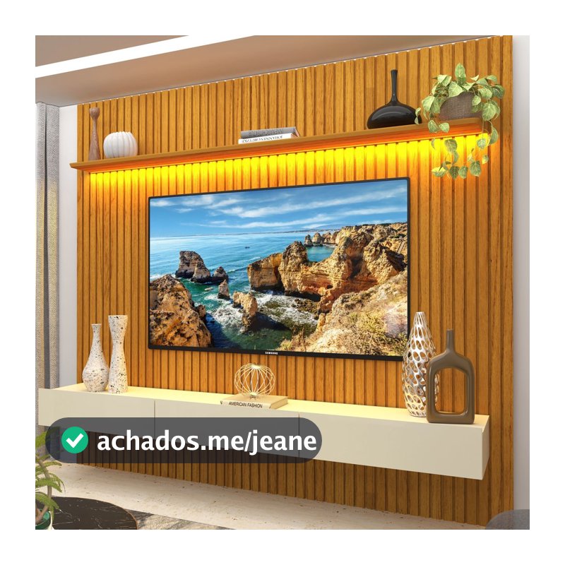 Rack com Painel para TV até 90 Polegadas 100% MDF Ripado com LED 250CMX228.8cm Nobre Naturale/Off White Naturale/Off