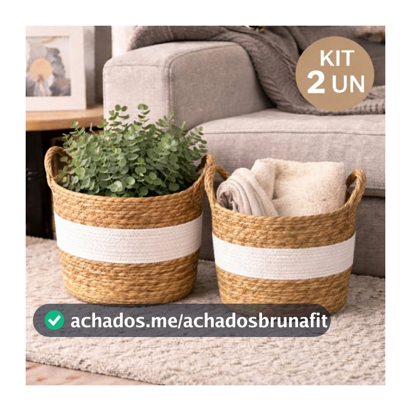 Cesto de Fibra Natural com Alça 30x20cm Organizador Decorativo Boho Detalhe Branco
