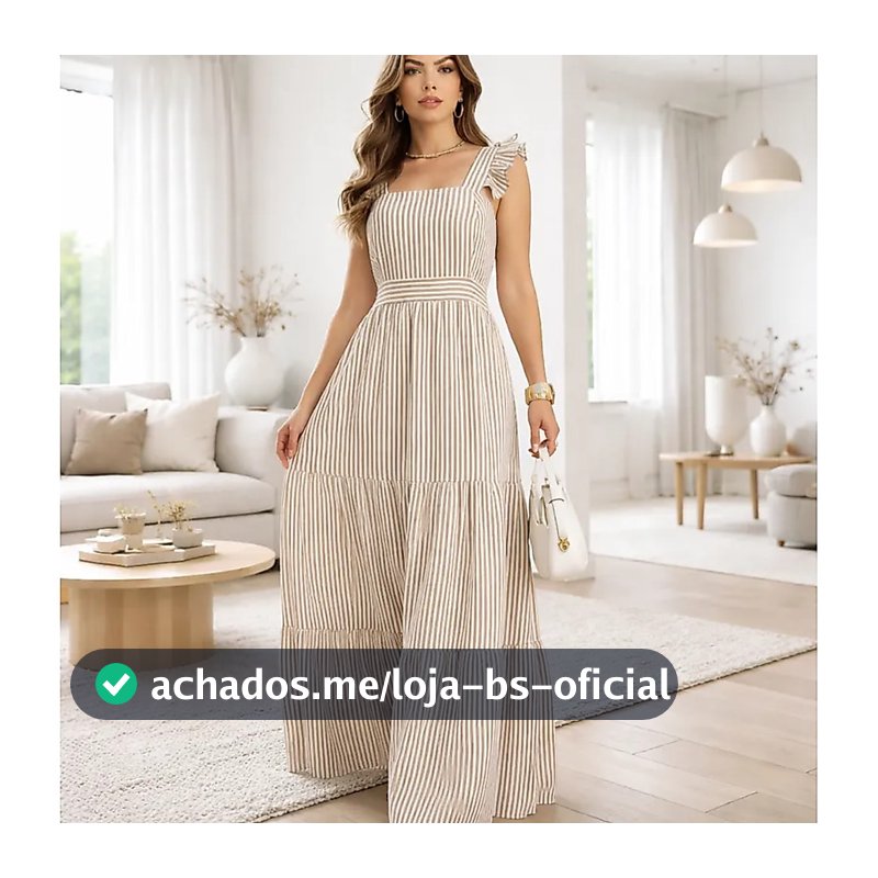 Vestido Longo Elegante De Duna Alças Babado Listrado Moda