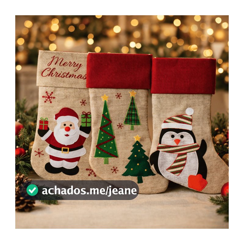 Conjunto 3 Meia de Fibra 41X25cm - Wincy Natal / Decoração Natal / Enfeite Natalino / Kit Jogo