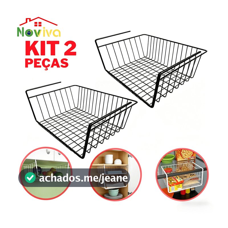 Kit 2 Suporte Organizador Cesto Suspenso Aramado Preto De Encaixe Prateleira Sem Furo Multiuso Para Cozinha E Armário