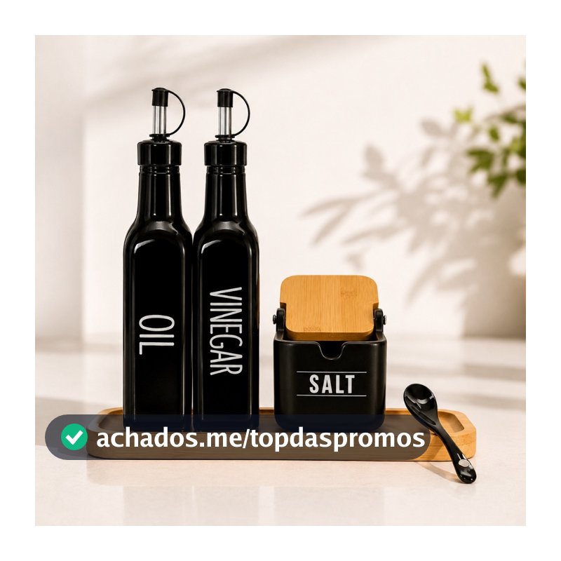 Galheteiro Azeiteiro Saleiro Vinagreiro Preto Tampa de Bambu Black Vinagre Oleo Azeite Sal Madeira Cozinha Preta