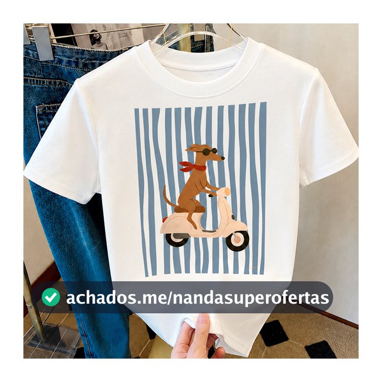 Camiseta 100% Algodão Estampa Cachorro de Óculos na Scooter - Streetwear Casual Style Feminino