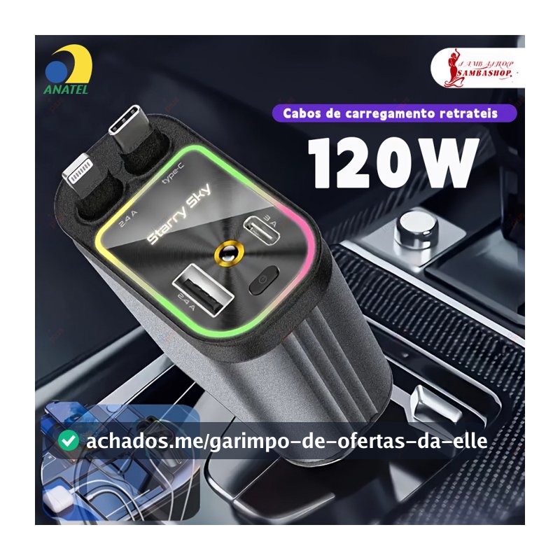 Carregador Rápido Retrátil Automotivo 180° Giratório 4 em 1 Cabo Extensível para iPhone e Android
