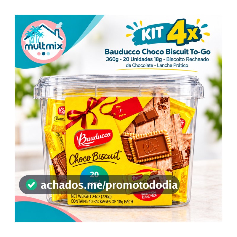 Kit 4x Bauducco Choco Biscuit To-Go 360g - 20 Unidades 18g - Biscoito Recheado de Chocolate - Lanche Prático