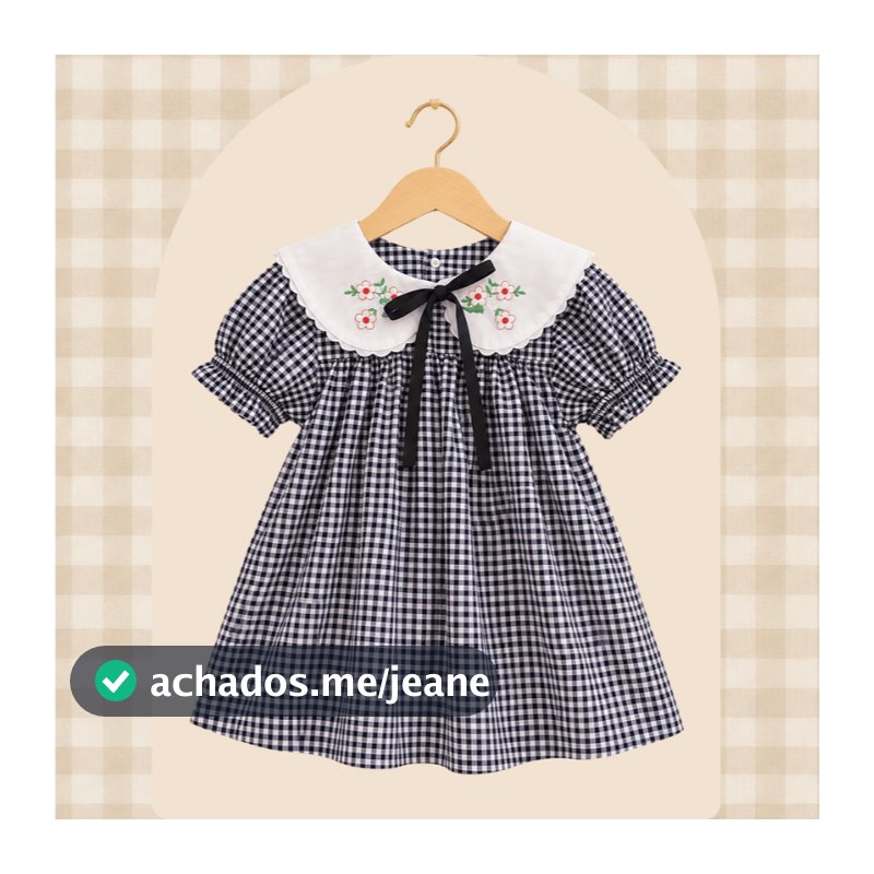 Vestido Juliana Xadrez Infantil com Gola Bordada Festa Piquenique ou Margaridas