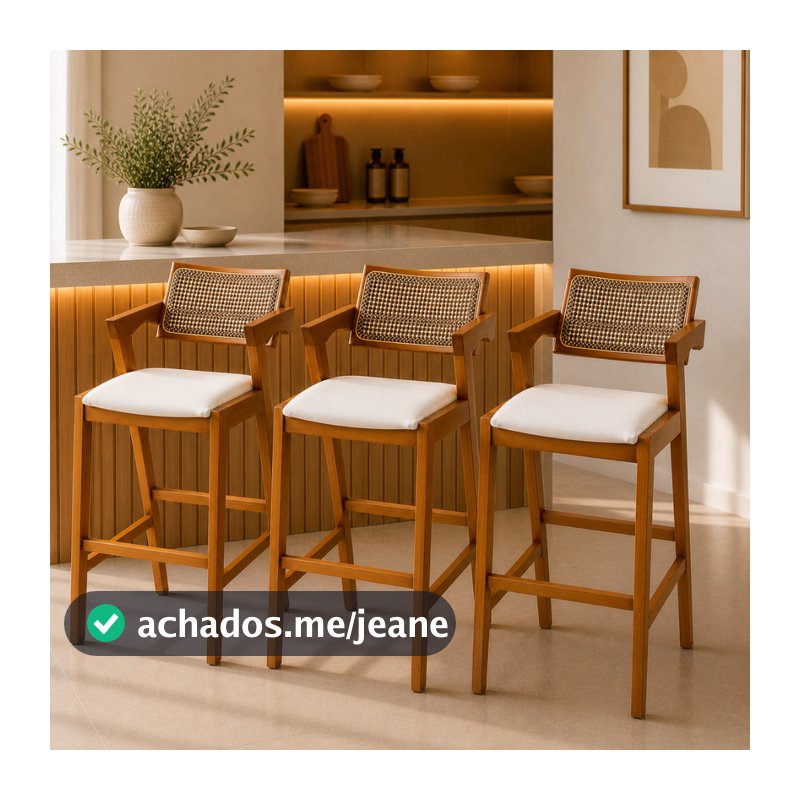Banqueta Alta Inglaterra Rattan kit 3 unid com Braço para Ilha Bancada Área Gourmet Banqueta telinha