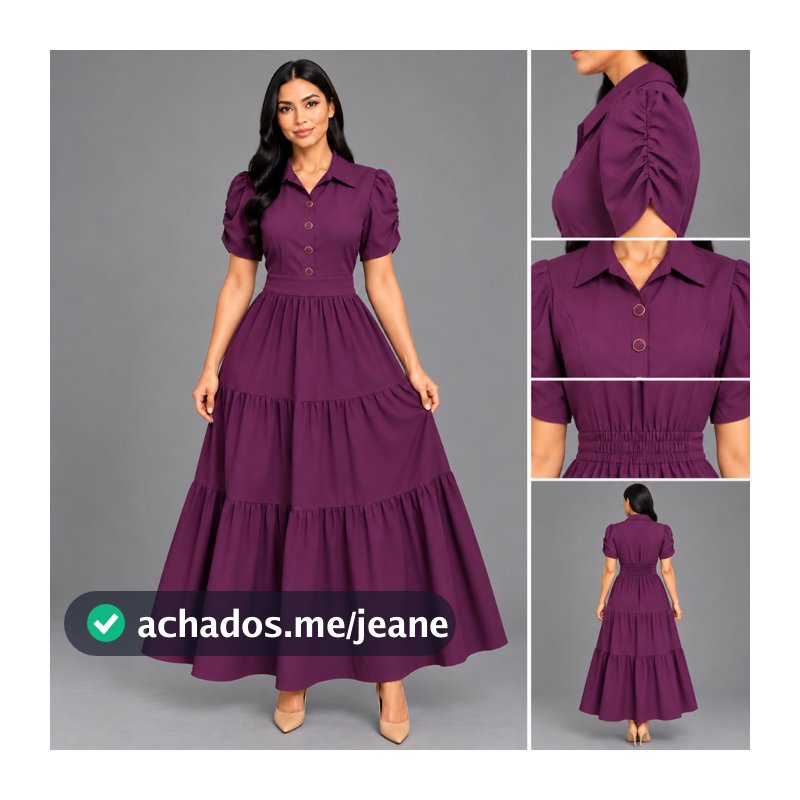 vestido longo para casamento, formatura,  evangélica, con gola camisa, manga curta bufante, tecido sensorial marrant