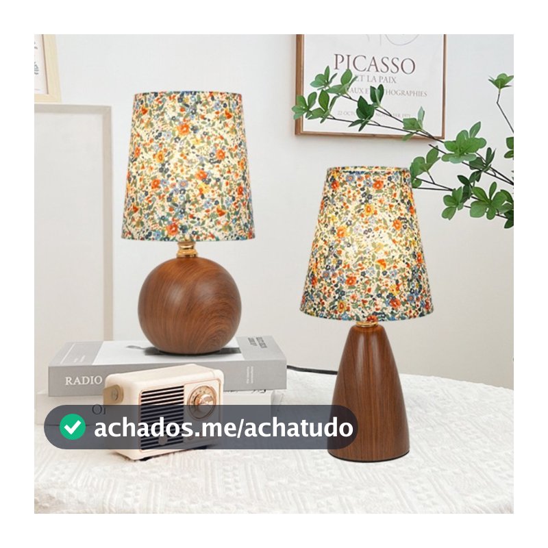 Abajur Luminária De Mesa Nogueira Floral Estilo Madeira Cabeceira Quarto Sala Estudo Leitura