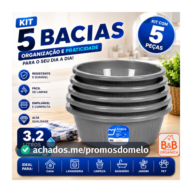 Kit 5 Bacias Multiuso 3,2L Plásticas Caneladas Redondas Reforçadas Para Cozinha Lavanderia Casa Jardim