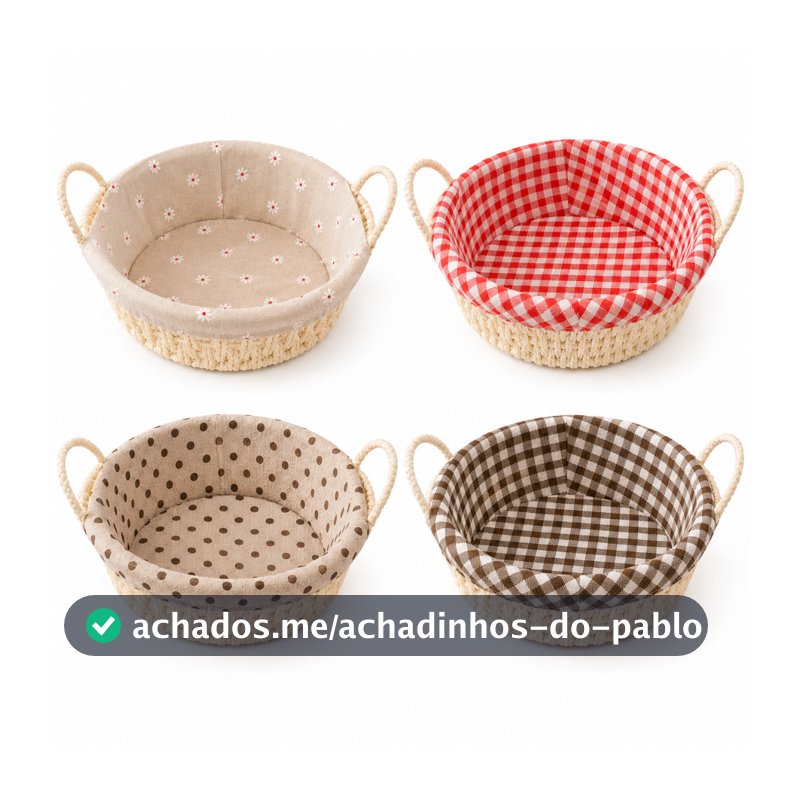 Cesto de Pão Redondo Para Café da Manhã com Tecido Forro e Alça Lateral Cozinha Multiuso