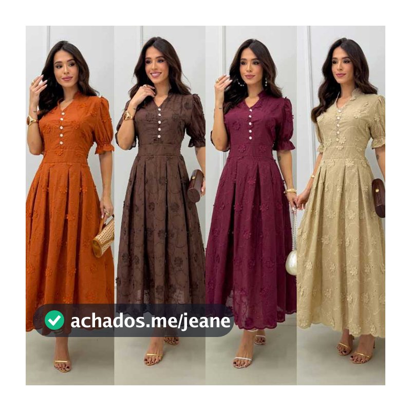 Vestido Femenino Midi Lese Bordado Manga Princesa e Botão Funcional