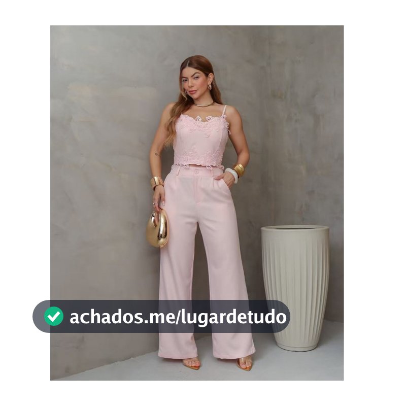 Conjunto Feminino Cropped de Alça Renda Guipir e Calça Pantalona Elegante 3RD SD4033