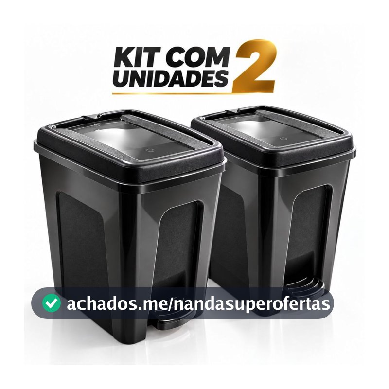 Kit Ate 2 Lixeiras 7 Litros com Pedal e Tampa Preta para Banheiro Cozinha Escritório Lavanderia
