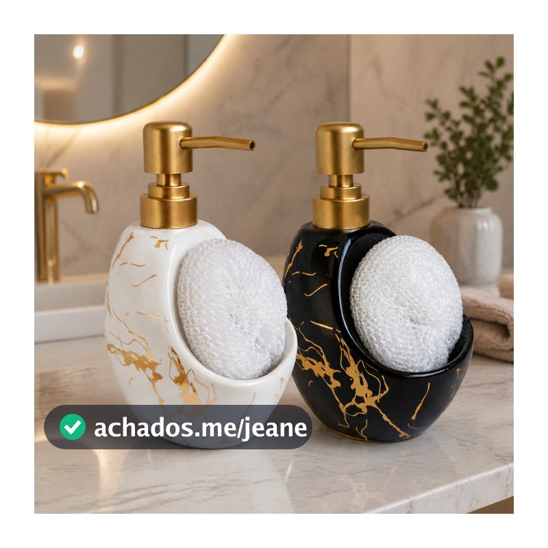 Dispenser de Sabonete Cerâmica 450ml Branco ou Preto Marmorizado Porta Sabonete Dourado