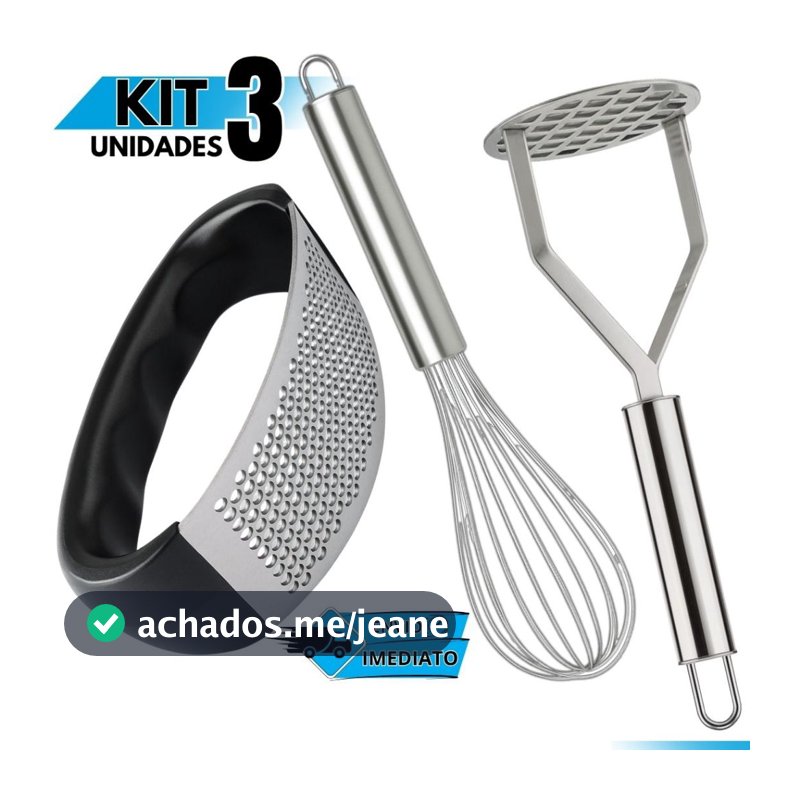 Kit Utensílios Aço Inox – Amassador de Batata, Espremedor de Alho e Fouet Batedor de Ovos