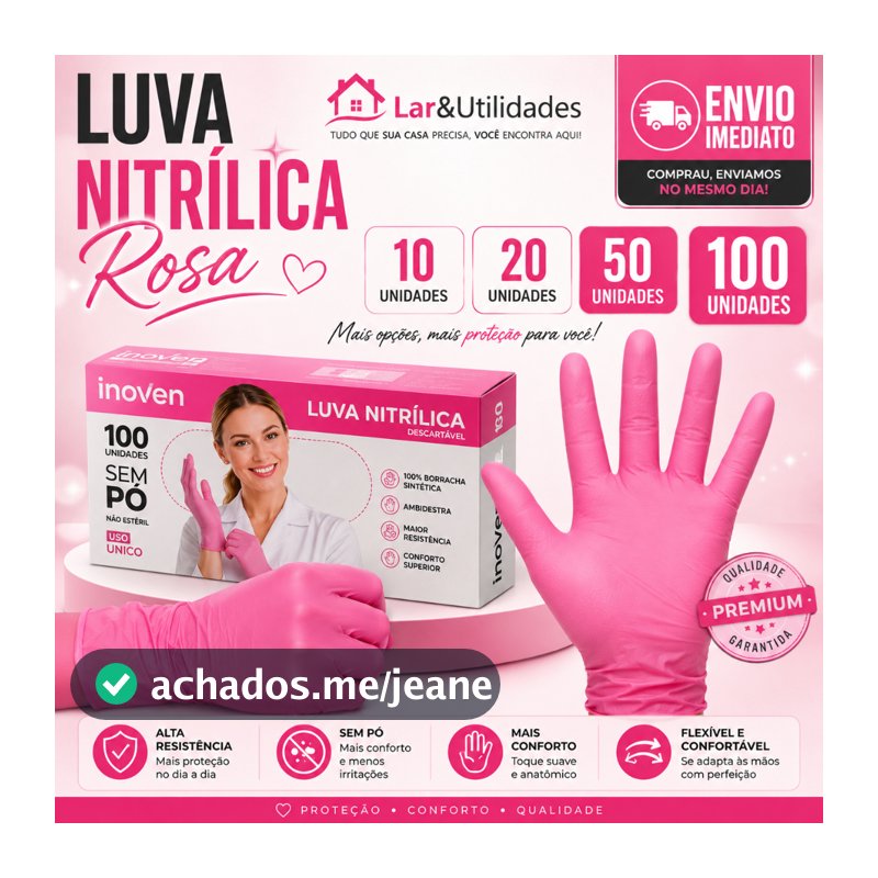 Luva Nitrílica Rosa Premium Sem Pó 100 Unidades Alta Qualidade e Resistência