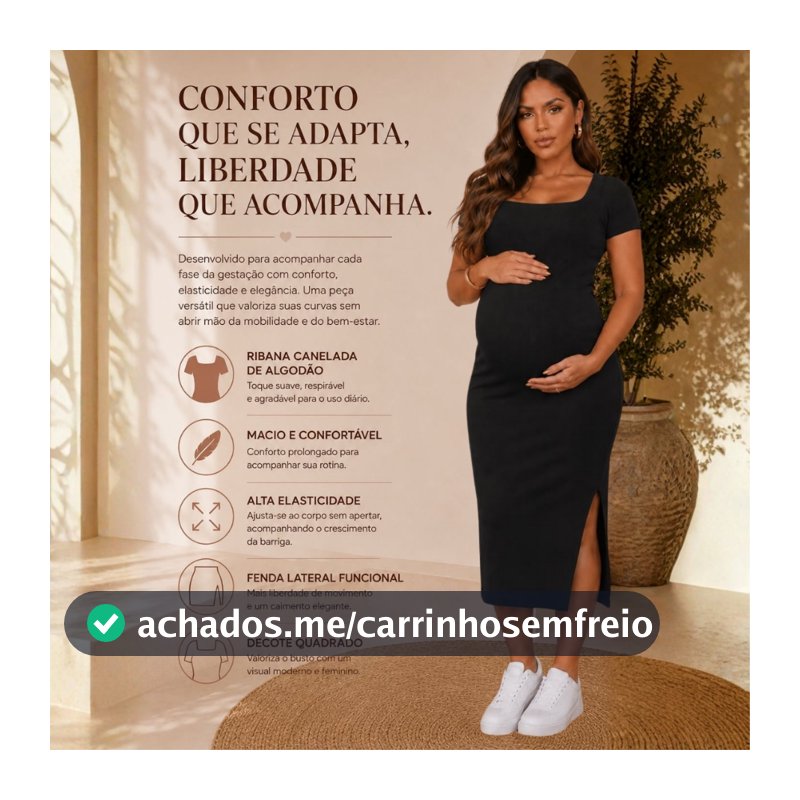 Vestido Casual Materno Gestante Gravidez de Manga Longa Ribana de Algodão Alta Elasticidade Confortavel com Gola Alta Ca