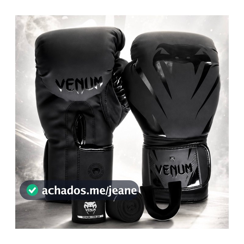 Kit Luva Venum Impact Evo Dark Muay Thai Boxe bandagem Protetor bucal preto preta