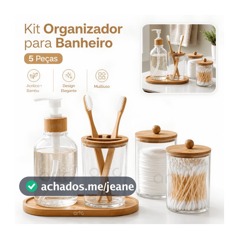 Conjunto Banheiro Lavabo 5 Peças Bambu Porta-Objetos, Dispenser, Escova e Bandeja