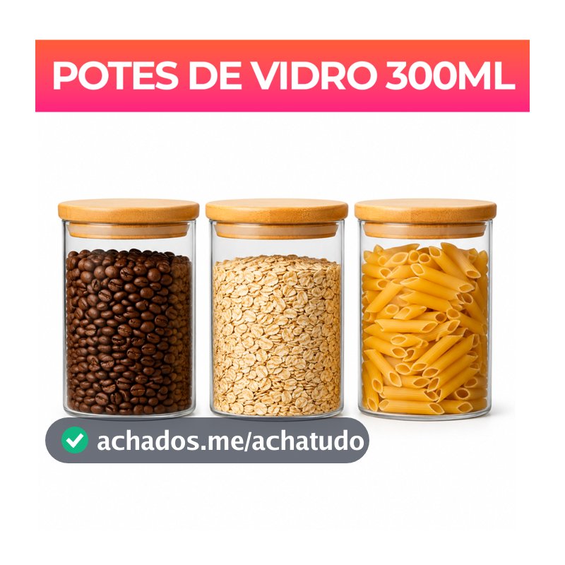 Kit potes de vidro redondo com tampa de bambu herméticos para mantimentos empilháveis 300ml