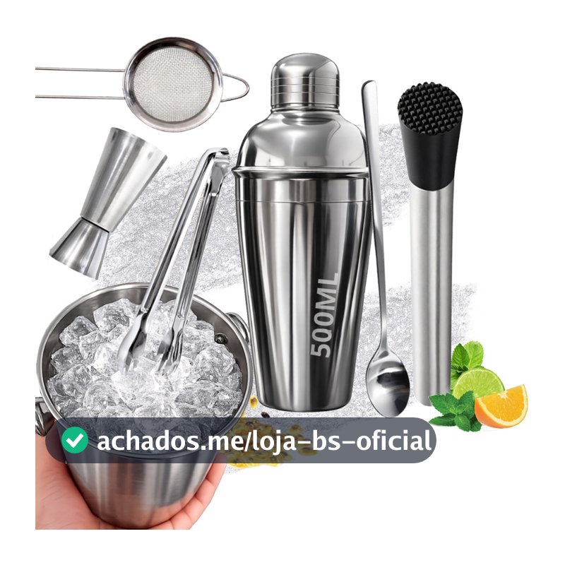 KIT Caipirinha Bartender 7 Pç Inox Coqueteira Socador Dosador Balde Colher Pegador  Peneira Completo