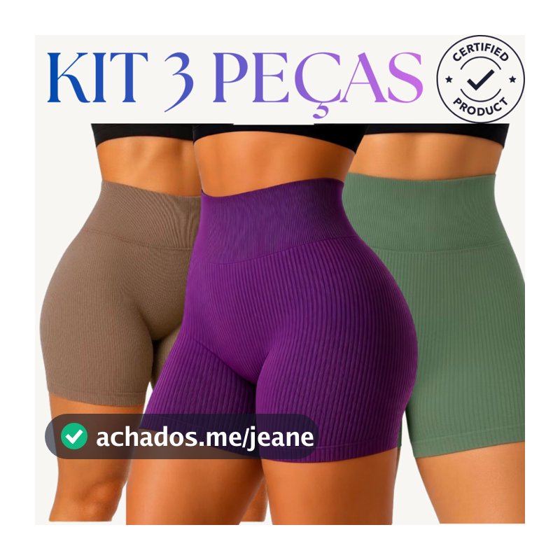 Kit 3 Short Legging Canelado Cintura Alta Feminino Academia Treino Fitness Poliamida Zero Transparência Premium Verão