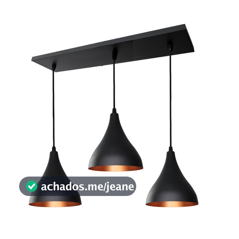 Pendente Lustre Gota Preto c/ Cobre Triplo na Canopla Retangular Teto/Sala/Cozinha Luminária