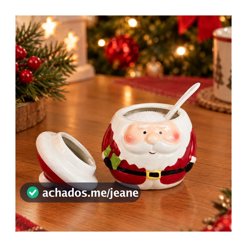 Pote Cerâmica Papai Noel com Colher para Açúcar Sal Farinha Mesa Natal