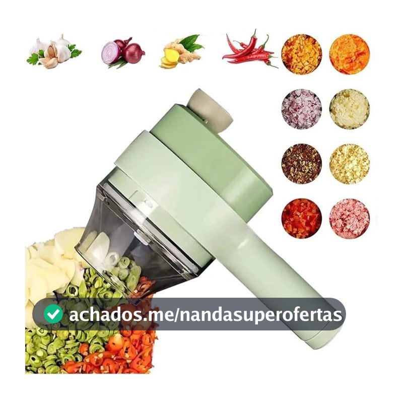 Cortador Elétrico de Legumes 4 em 1 Sem Fio USB Triturador de Alho e Vegetais Multifuncional para Cozinha
