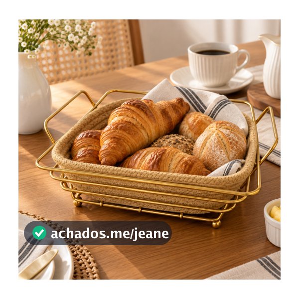 Cesto Organizador Metal Decorativo Dourado com Algodão para Pães e Frutas – Quadrado ou Oval