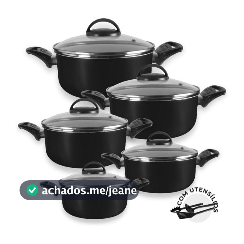 Jogo de Panelas Elegante Antiaderente Teflon 5 Peças Tampa Vidro + Utensílios