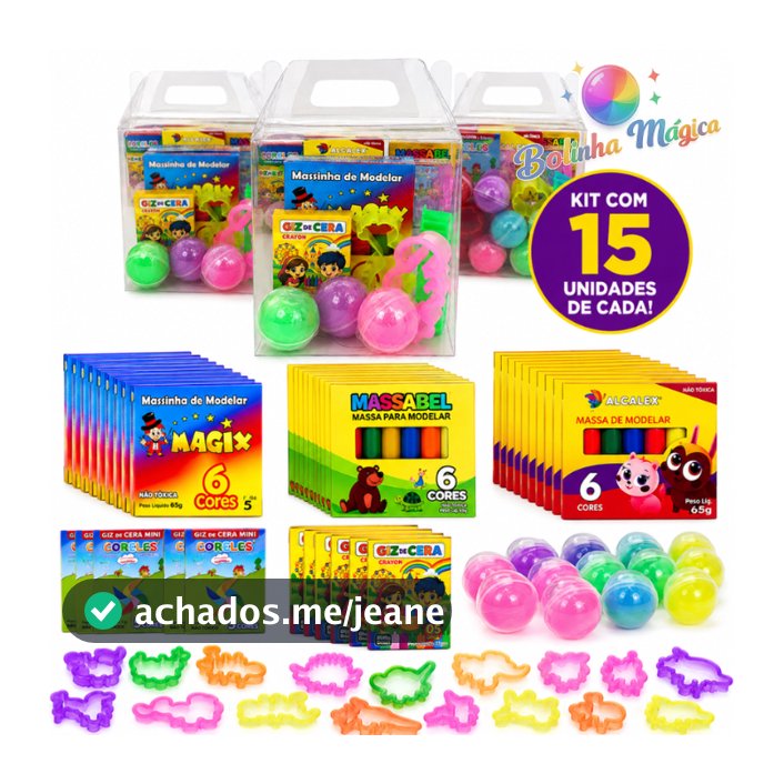 kit 15 Maletinha Transparente + Massinha Modelar + Giz Cera + 45 (Cortador + Gel Slime) Lembracinha