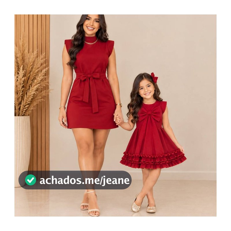 Kit Mãe e Filha Natal Vestido Algodão Vermelho Marsala Laço Tal Mãe Tal Filha Babado