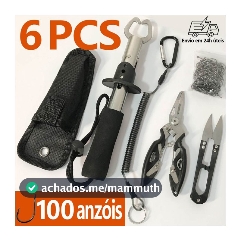 Alicate Pesca Multifuncional Kit 6 Peças c/Agarrador Peixe Doce/Mar,100 Anzóis|Env24h SP|Garant1 Ano