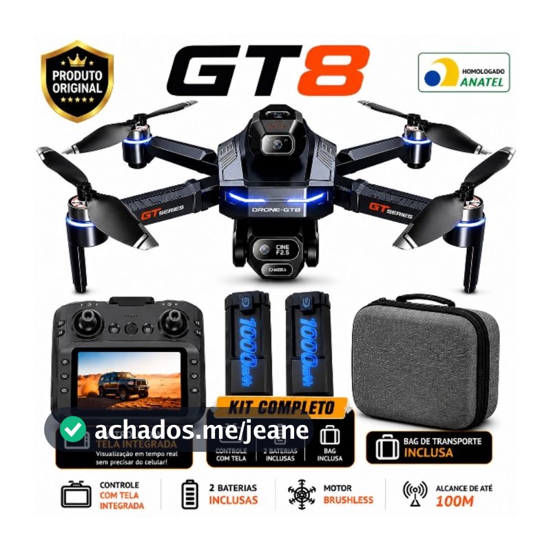 Drone GT8 4K Motor Brushless Controle c/ Tela Integrada 2 Baterias Bag Maleta Profissional 100m Sensor Evita Obstáculos
