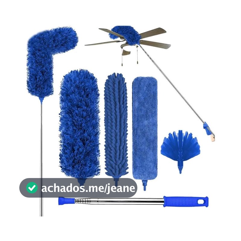 Kit Espanador de Poeira Telescópico 2m, 6 Cabeças Intercambiáveis, Microfibra Chenille Rotação 360°, Limpeza de Teto