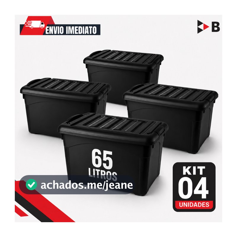 Kit Caixas Organizadoras 65L Preta Reforçada Com Trava e Rodinhas Plástica Grande Black