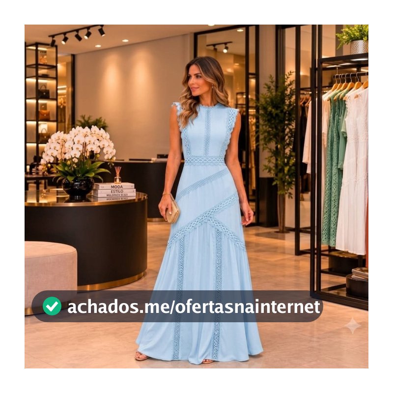 Vestido Cecília Longo Feminino com Detalhes em Renda e Saia Fluida