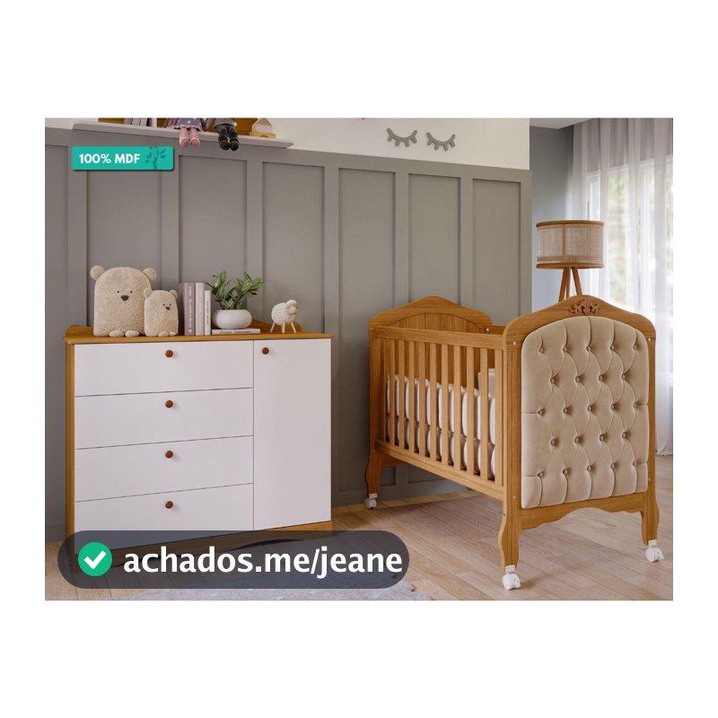 Quarto de Bebê Berço Mini Cama Capitone Harmonia Cômoda 4 Gavetas Encanto Permobili Nature/Branco