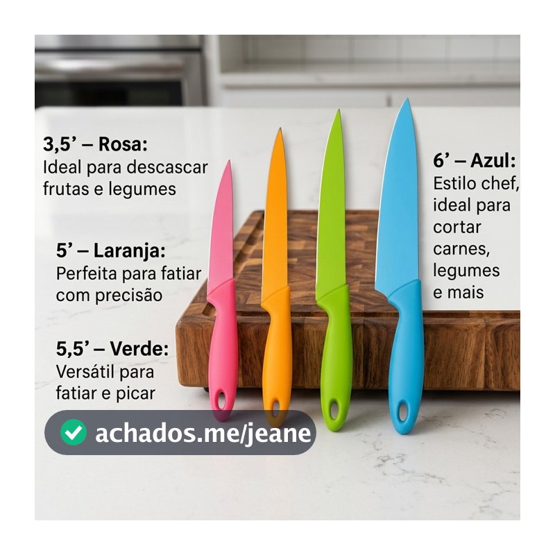 Jogo De Facas Cozinha Aço Inox Coloridas 4 Peças Super Afiadas Cabo Ergonomico