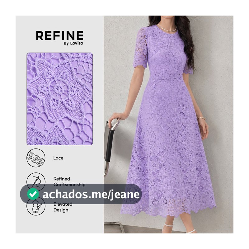 (Refine by Lovito)Vestido Elegante de Renda Oca com Babado Exagerado para Primavera/verão Roxo Feminino Bordado Trabalho LR35E050