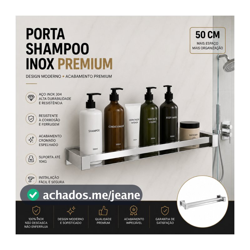 Porta Shampoo Inox 304, Prateleira 50cm, Banheiro