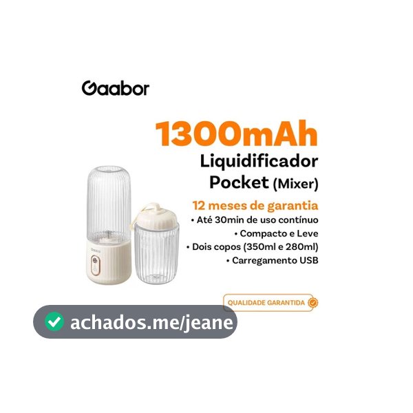 Liquidificador Portátil Gaabor Pocket USB 350ml e 280ml Recarregável c/4 Lâminas Inox Bivolt Branco