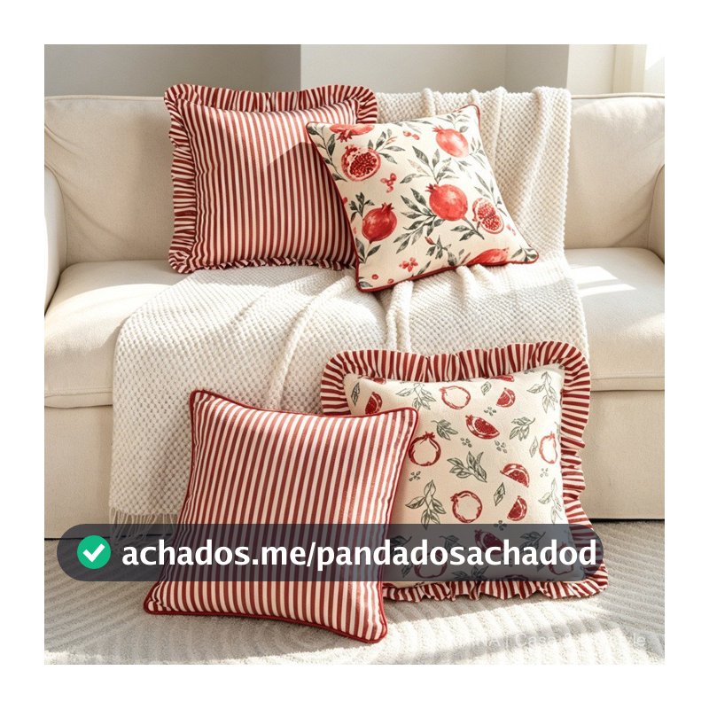 Capa De Almofada 45x45 Estampa Romã E Listrada Com Babados Para Sofá E Cama