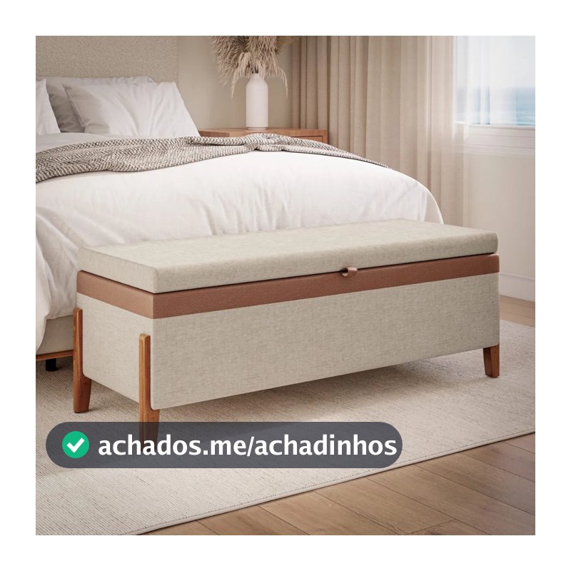 Recamier Atenas 120cm Puff Baú Linho Bege Casal Organizador Moderno Sapateira Confortável Quarto